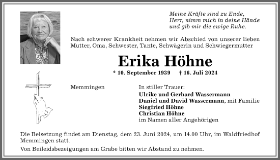 Traueranzeige von Erika Höhne von Memminger Zeitung