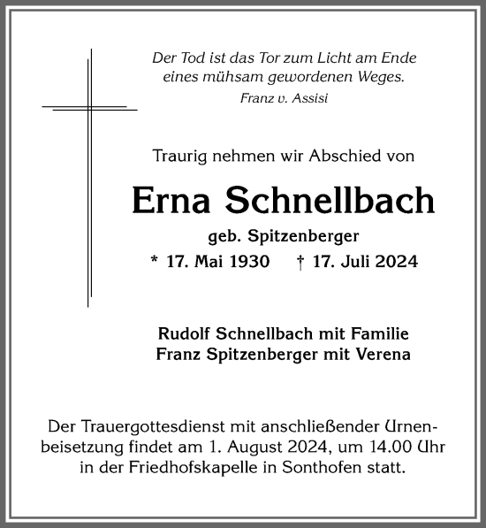 Traueranzeige von Erna Schnellbach von Allgäuer Anzeigeblatt
