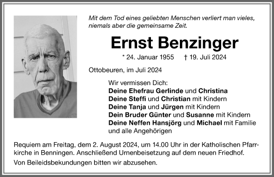 Traueranzeige von Ernst Benzinger von Memminger Zeitung