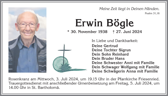 Traueranzeige von Erwin Bögle von Allgäuer Zeitung, Kaufbeuren/Buchloe