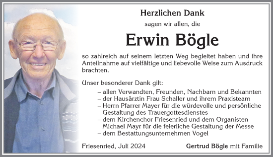 Traueranzeige von Erwin Bögle von Allgäuer Zeitung, Kaufbeuren/Buchloe