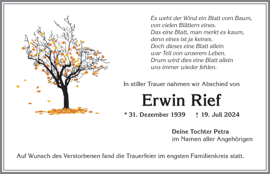 Traueranzeige von Erwin Rief von Allgäuer Zeitung,Kempten