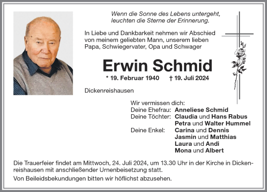 Traueranzeige von Erwin Schmid von Memminger Zeitung
