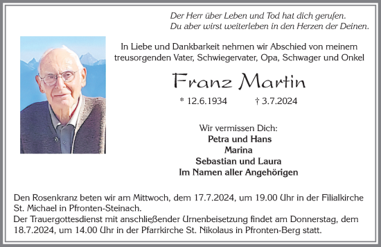 Traueranzeige von Franz Martin von Allgäuer Zeitung, Füssen