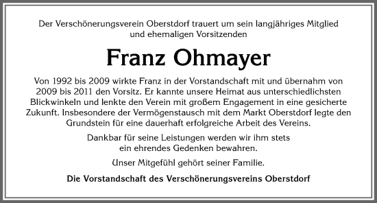 Traueranzeige von Franz Ohmayer von Allgäuer Anzeigeblatt