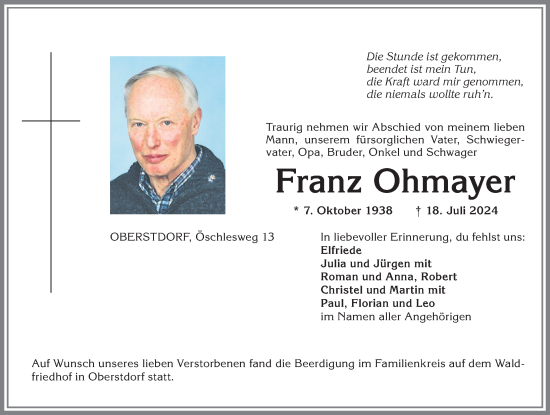 Traueranzeige von Franz Ohmayer von Allgäuer Anzeigeblatt