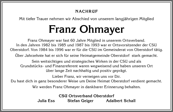 Traueranzeige von Franz Ohmayer von Allgäuer Anzeigeblatt