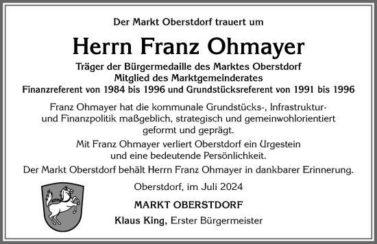 Traueranzeige von Franz Ohmayer von Allgäuer Anzeigeblatt