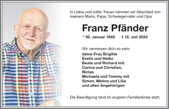 Traueranzeige von Franz Pfänder von Memminger Zeitung