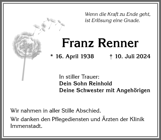 Traueranzeige von Franz Renner von Allgäuer Anzeigeblatt