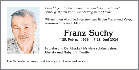 Traueranzeige von Franz Suchy von Allgäuer Zeitung, Kaufbeuren/Buchloe