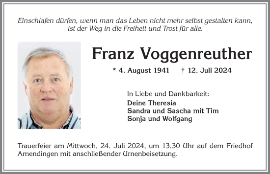 Traueranzeige von Franz Voggenreuther von Memminger Zeitung