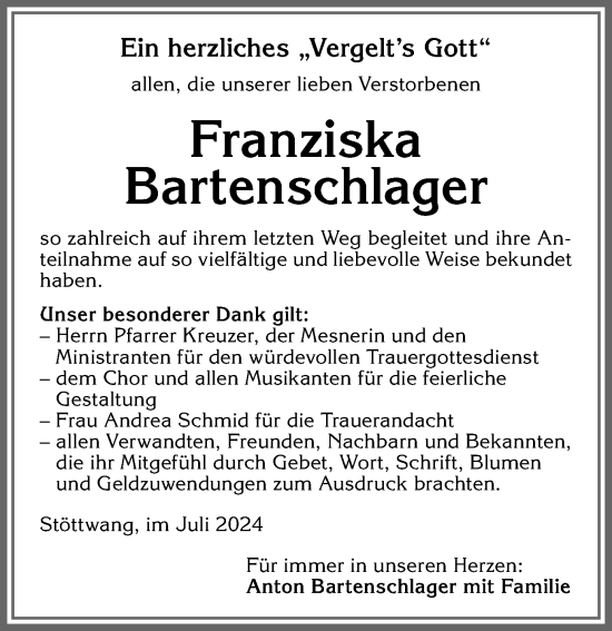 Traueranzeige von Franziska Bartenschlager von Allgäuer Zeitung, Kaufbeuren/Buchloe