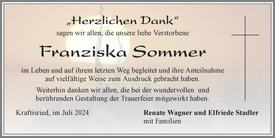 Traueranzeige von Franziska Sommer von Allgäuer Zeitung, Marktoberdorf