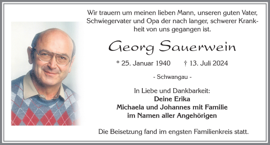 Traueranzeige von Georg Sauerwein von Allgäuer Zeitung, Füssen
