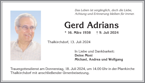 Traueranzeige von Gerd Adrians von Allgäuer Anzeigeblatt