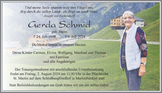 Traueranzeige von Gerda Schmid von Allgäuer Zeitung, Marktoberdorf
