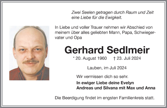 Traueranzeige von Gerhard Sedlmeir von Memminger Zeitung