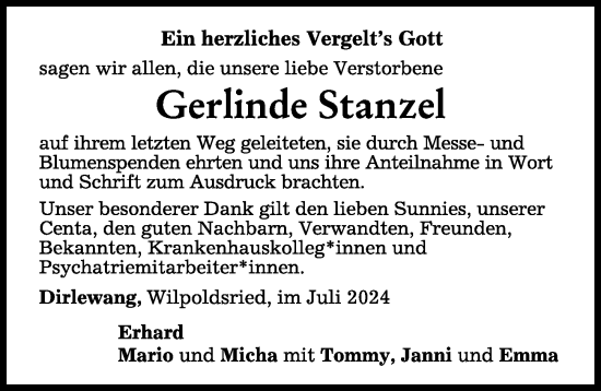 Traueranzeige von Gerlinde Stanzel von Augsburger Allgemeine, Mindelheimer Zeitung