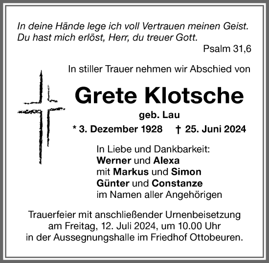 Traueranzeige von Grete Klotsche von Memminger Zeitung
