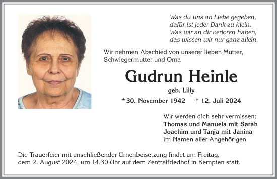 Traueranzeige von Gudrun Heinle von Allgäuer Zeitung,Kempten