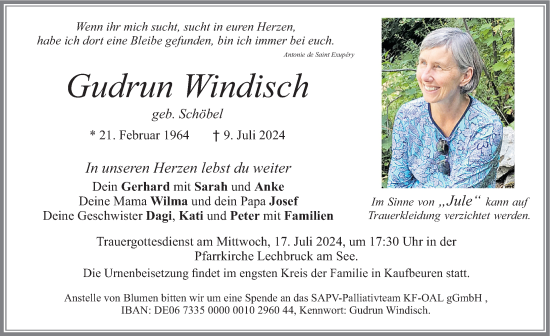 Traueranzeige von Gudrun Windisch von Allgäuer Zeitung, Kaufbeuren/Buchloe