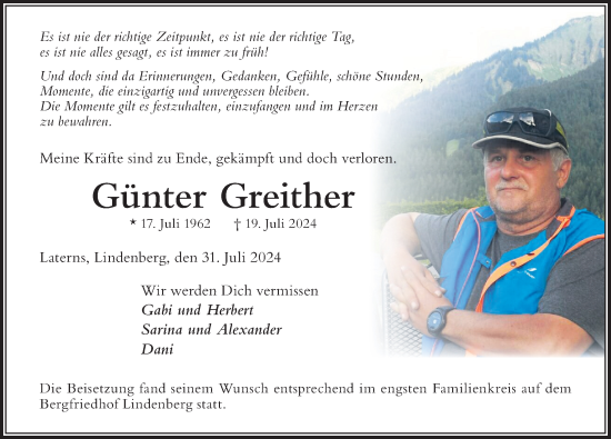 Traueranzeige von Günter Greither von Der Westallgäuer