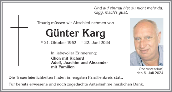 Traueranzeige von Günter Karg von Allgäuer Zeitung, Kaufbeuren/Buchloe