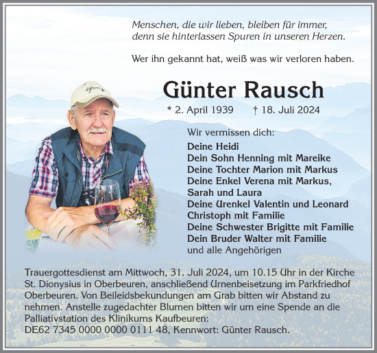Traueranzeige von Günter Rausch von Allgäuer Zeitung, Kaufbeuren/Buchloe