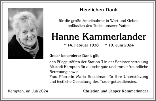 Traueranzeige von Hanne Kammerlander von Allgäuer Zeitung,Kempten