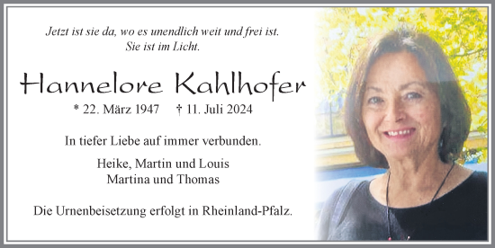 Traueranzeige von Hannelore Kahlhofer von Allgäuer Zeitung, Füssen