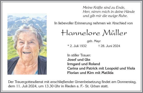 Traueranzeige von Hannelore Müller von Allgäuer Zeitung, Füssen
