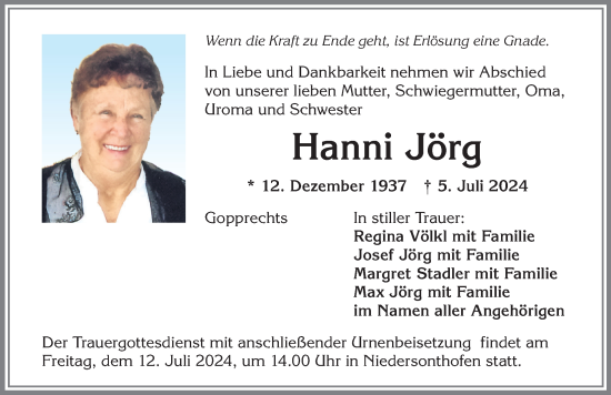 Traueranzeige von Hanni Jörg von Allgäuer Anzeigeblatt