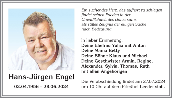Traueranzeige von Hans-Jürgen Engel von Allgäuer Zeitung, Kaufbeuren/Buchloe