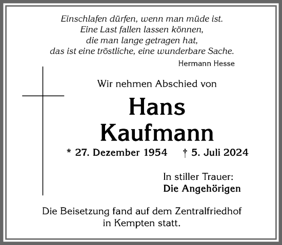 Traueranzeige von Hans Kaufmann von Allgäuer Zeitung,Kempten
