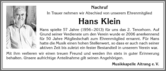 Traueranzeige von Hans Klein von Allgäuer Zeitung, Marktoberdorf
