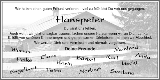 Traueranzeige von Hanspeter  von Allgäuer Zeitung, Füssen