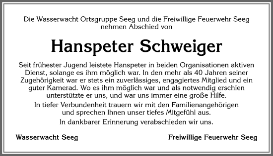 Traueranzeige von Hanspeter Schweiger von Allgäuer Zeitung, Füssen