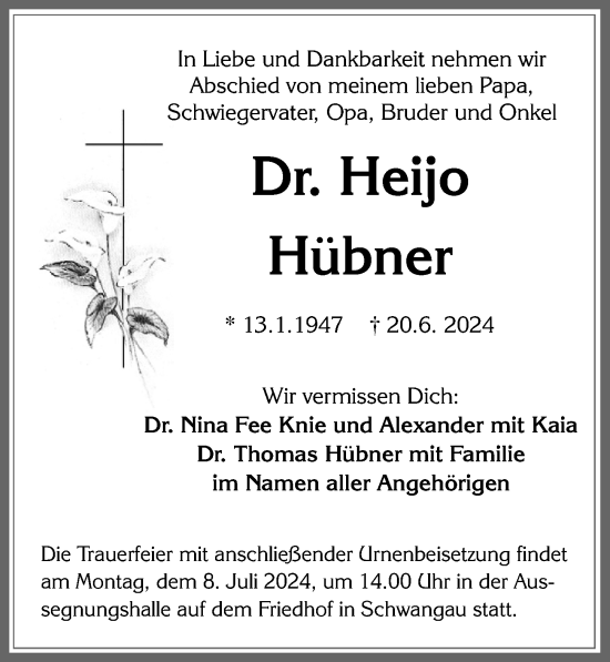 Traueranzeige von Heijo Hübner von Allgäuer Zeitung, Füssen