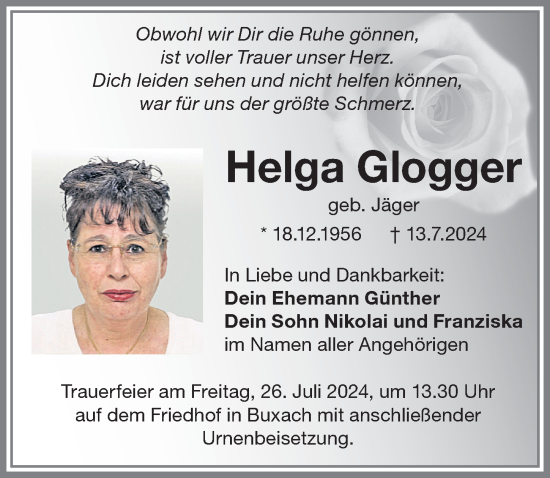 Traueranzeige von Helga Glogger von Memminger Zeitung