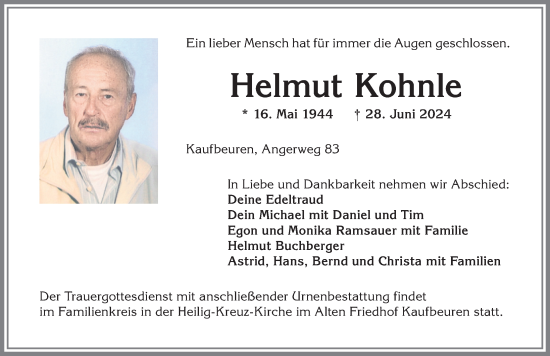 Traueranzeige von Helmut Kohnle von Allgäuer Zeitung, Kaufbeuren/Buchloe