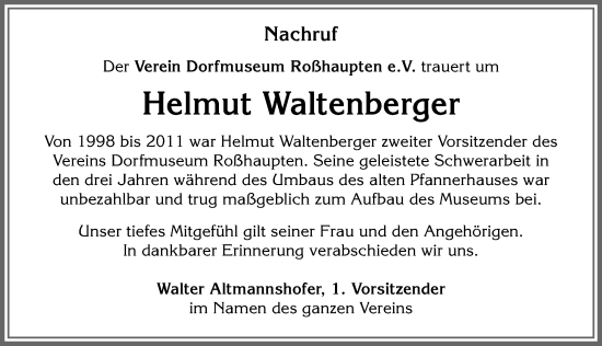 Traueranzeige von Helmut Waltenberger von Allgäuer Zeitung, Füssen
