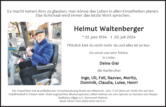Traueranzeige von Helmut Waltenberger von Allgäuer Zeitung, Füssen