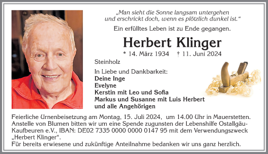Traueranzeige von Herbert Klinger von Allgäuer Zeitung, Kaufbeuren/Buchloe