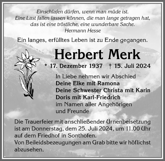 Traueranzeige von Herbert Merk von Allgäuer Anzeigeblatt