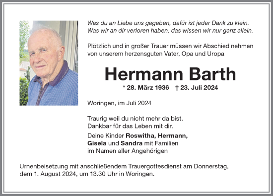 Traueranzeige von Hermann Barth von Memminger Zeitung