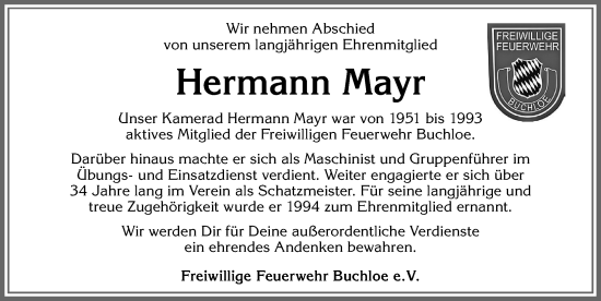 Traueranzeige von Hermann Mayr von Allgäuer Zeitung, Kaufbeuren/Buchloe