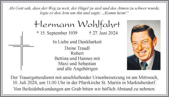 Traueranzeige von Hermann Wohlfahrt von Allgäuer Zeitung, Marktoberdorf