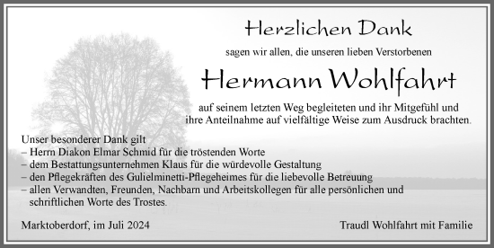 Traueranzeige von Hermann Wohlfahrt von Allgäuer Zeitung, Marktoberdorf