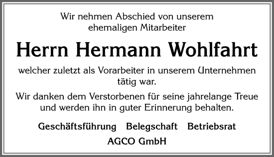Traueranzeige von Hermann Wohlfahrt von Allgäuer Zeitung, Marktoberdorf